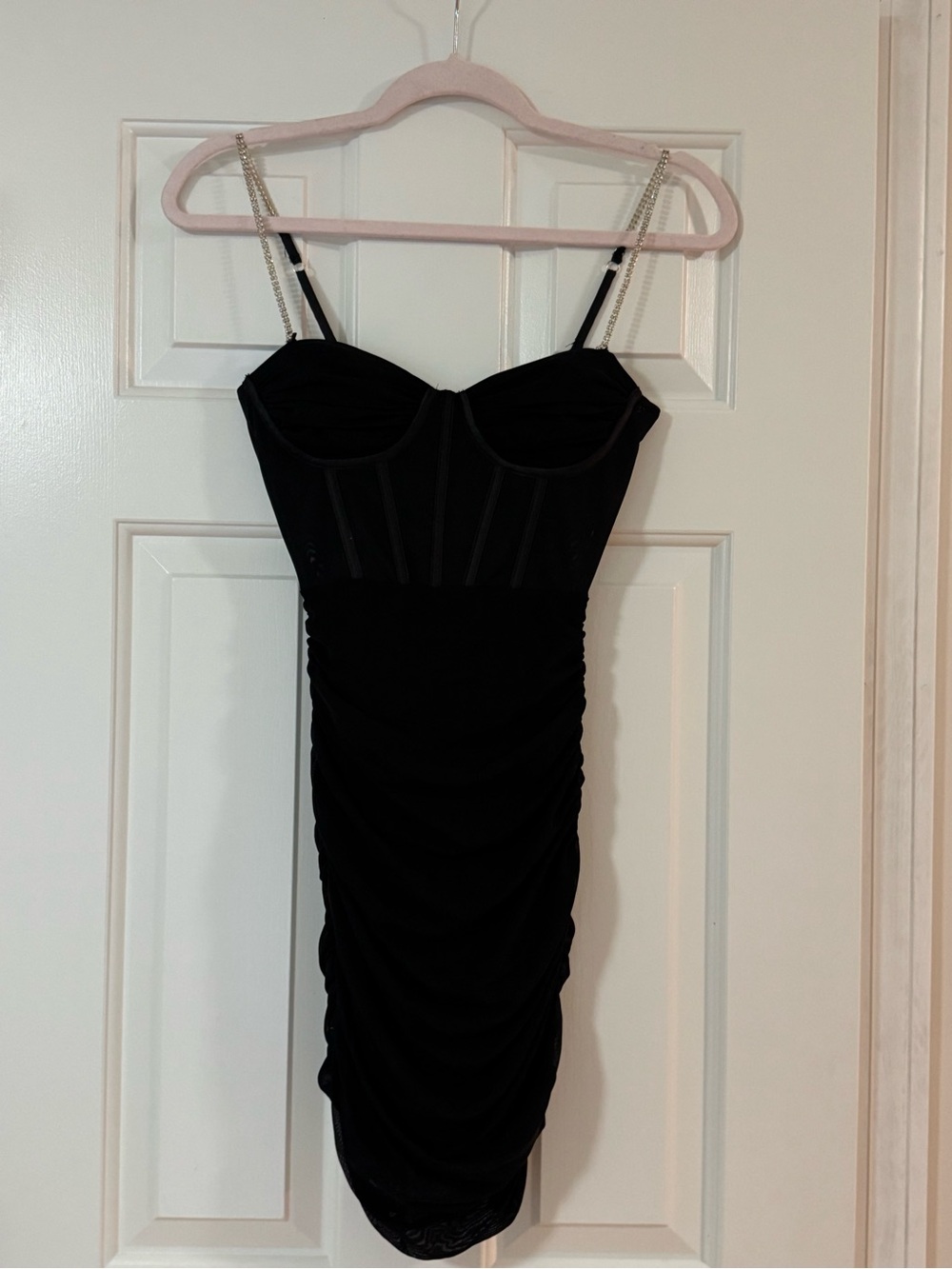 Local European Black Chain-Strap Ruched Bustier Mini Dress